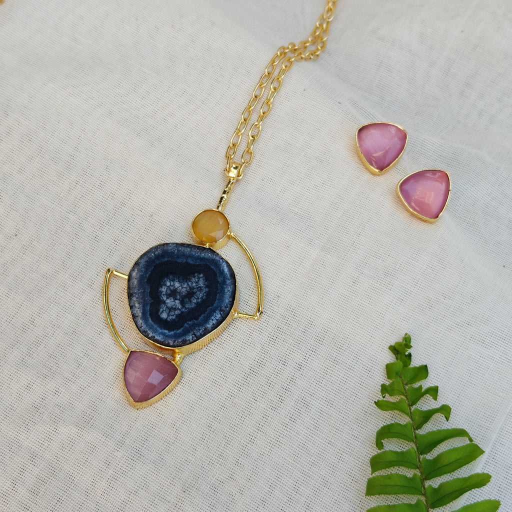 Black Geode Statement Pendant Necklace Set