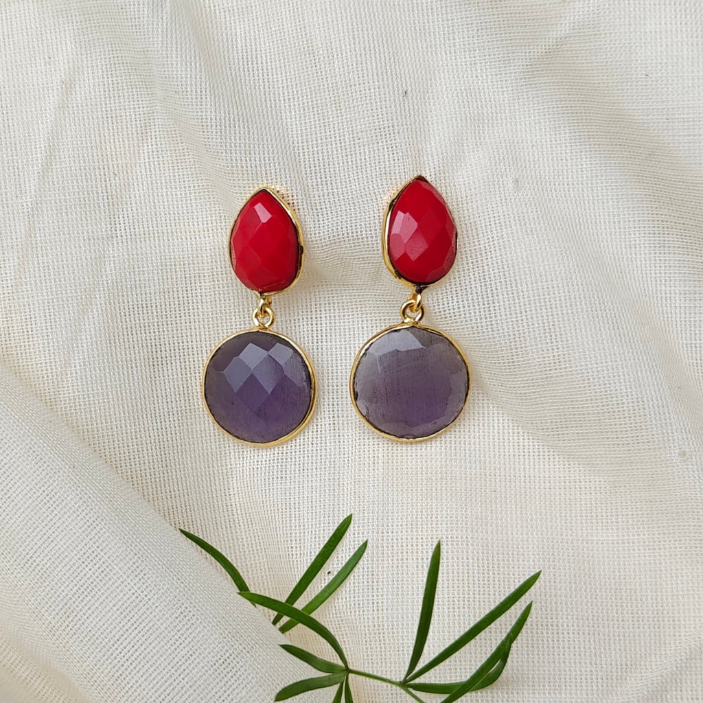 Two Stones Drop Earrings - red lavender