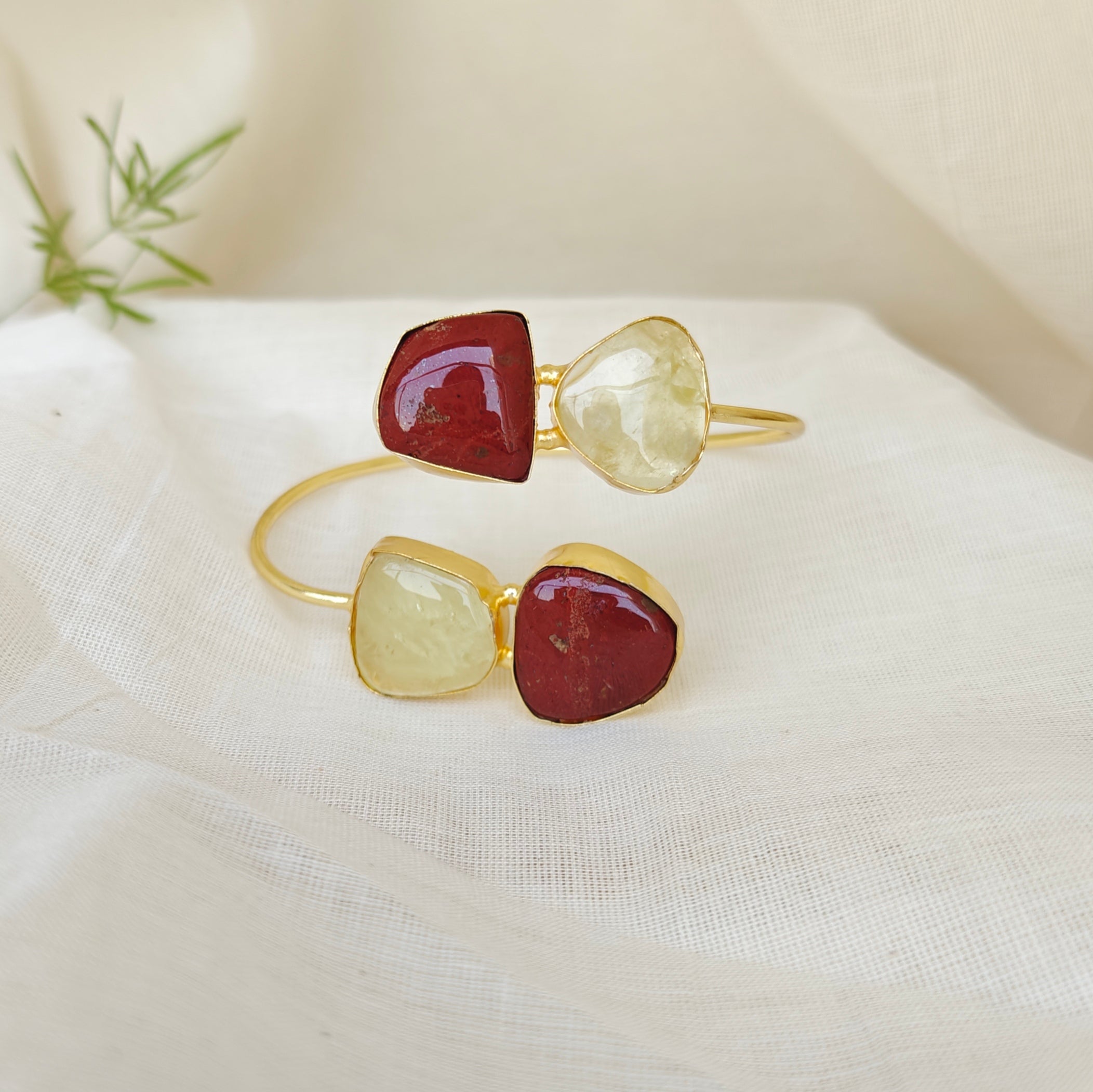 Dual Stone Open Bangle - Lemon Quartz, Jasper