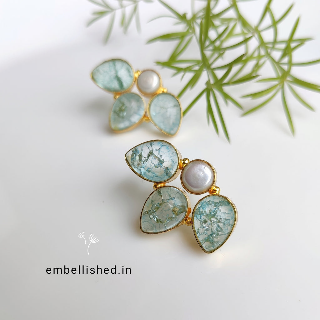 Frosted glass and pearl half flower studs