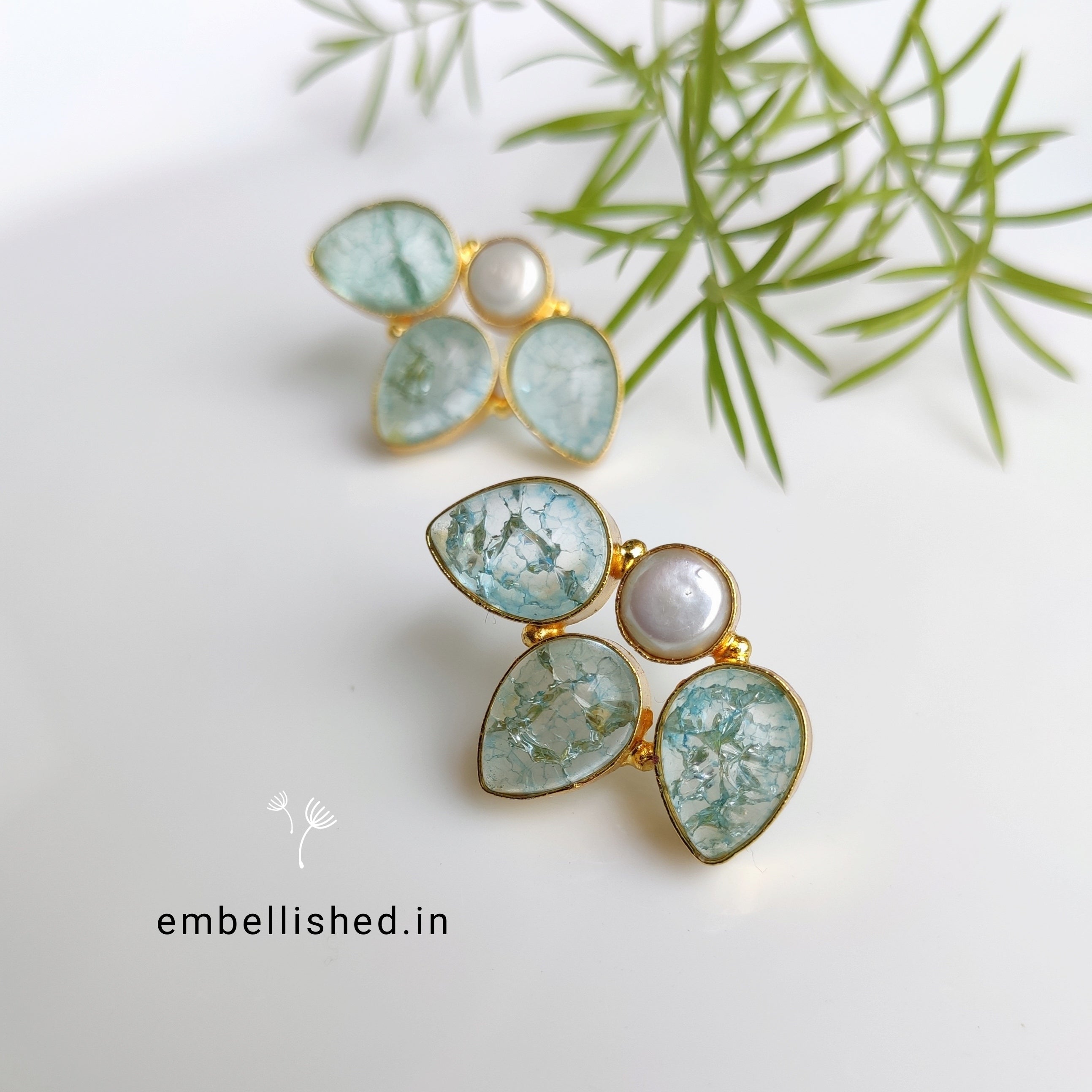 Frosted glass and pearl half flower studs