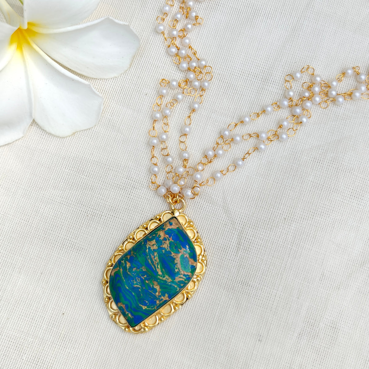 Pearl Layered Necklace with Natural Stone Pendant
