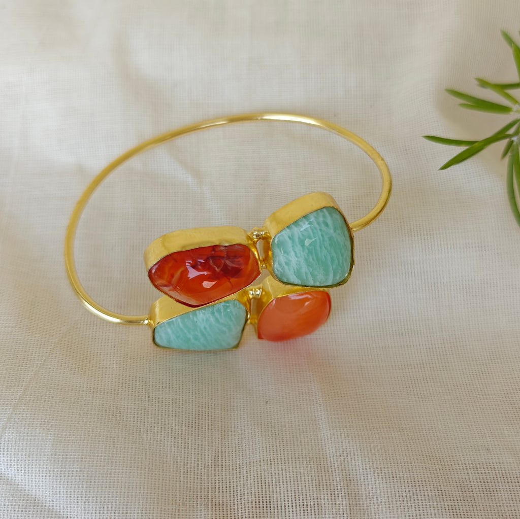 Dual Stone Open Bangle - Carnelian, Amazonite