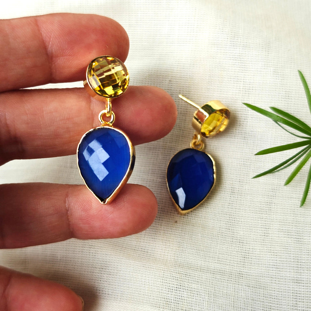 Two Stones Drop Earrings - yellow blue