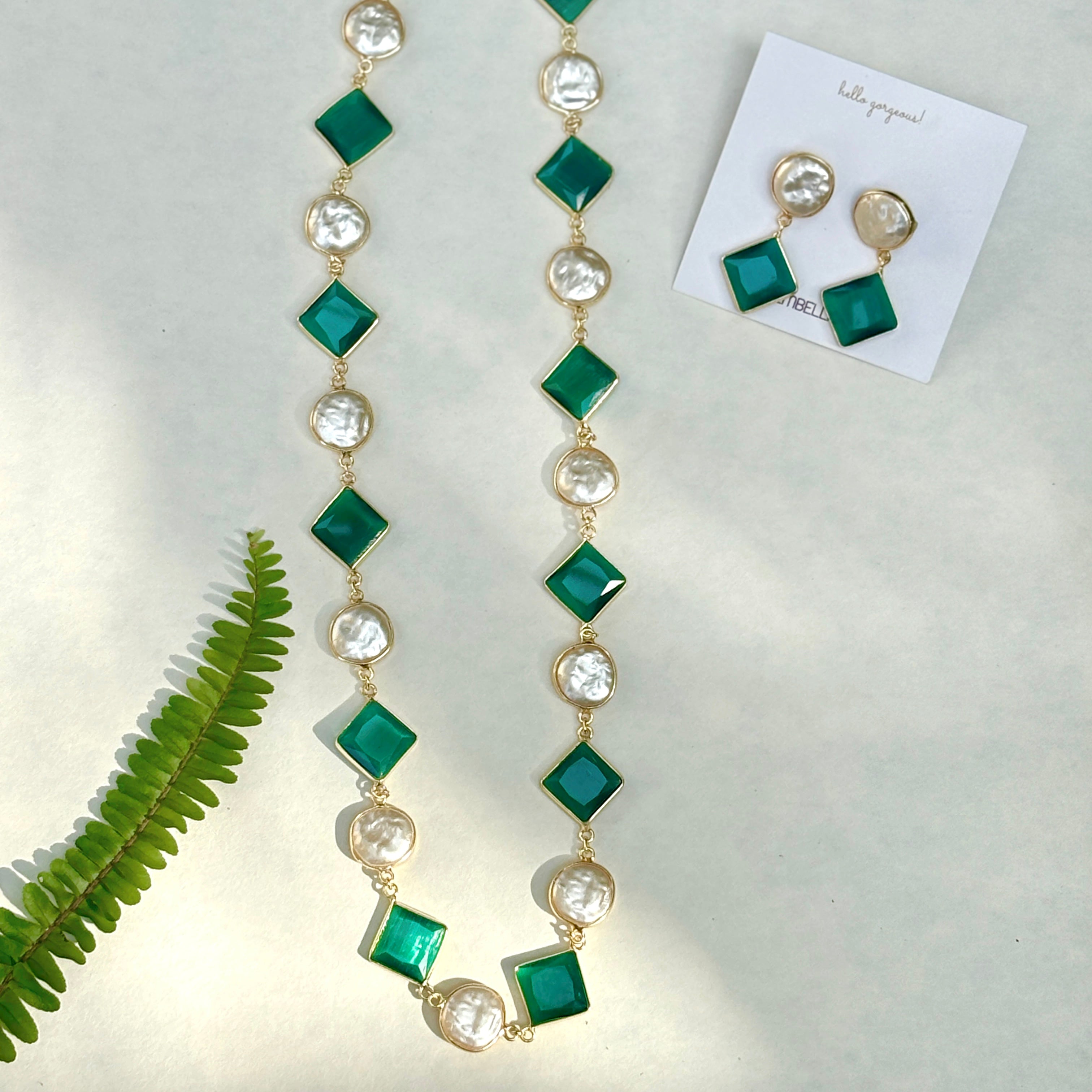 Emerald Squares and Coin Pearls Lariat necklace set