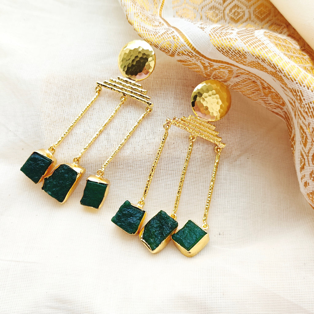 Emerald Gold Triple Drop Earrings