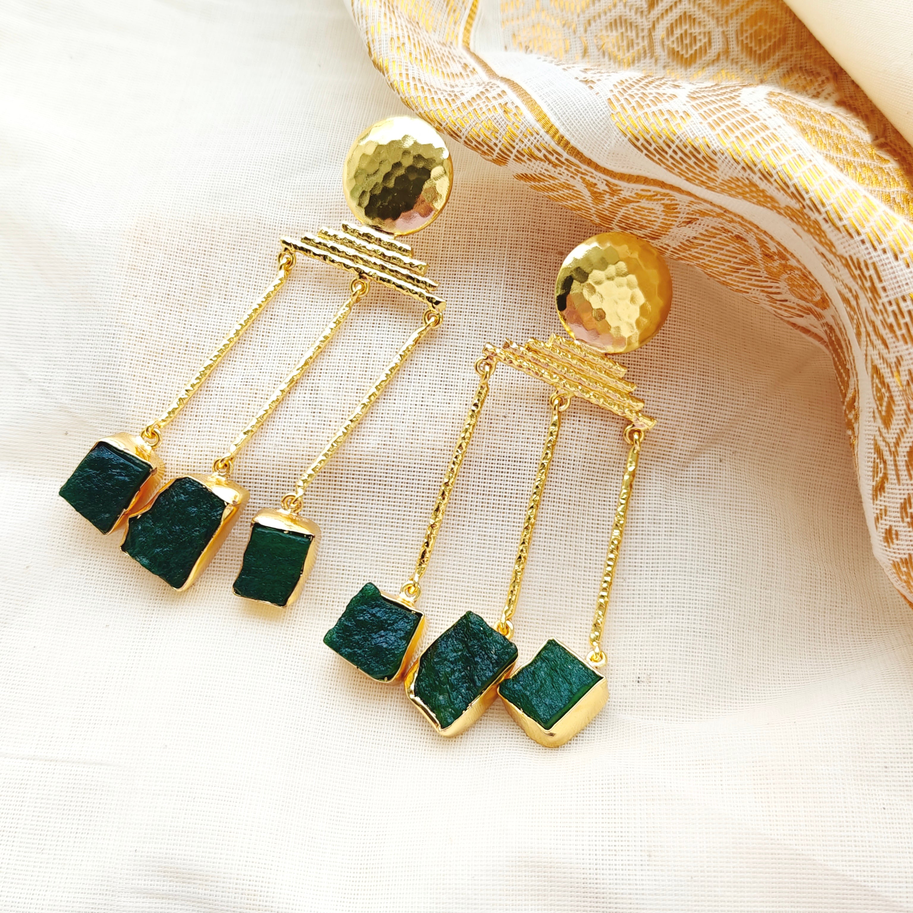 Emerald Gold Triple Drop Earrings