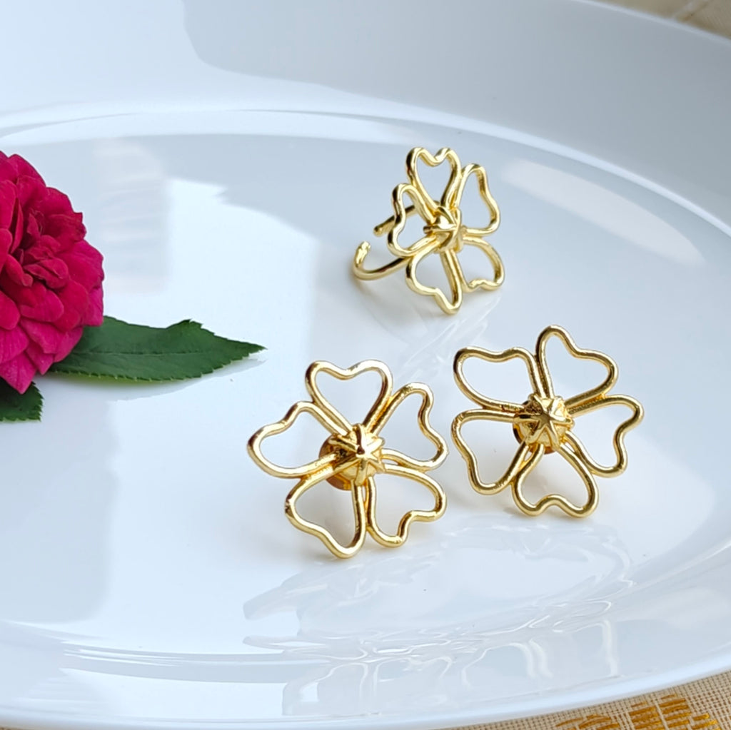 Heart-Petal Studs with Finger Ring