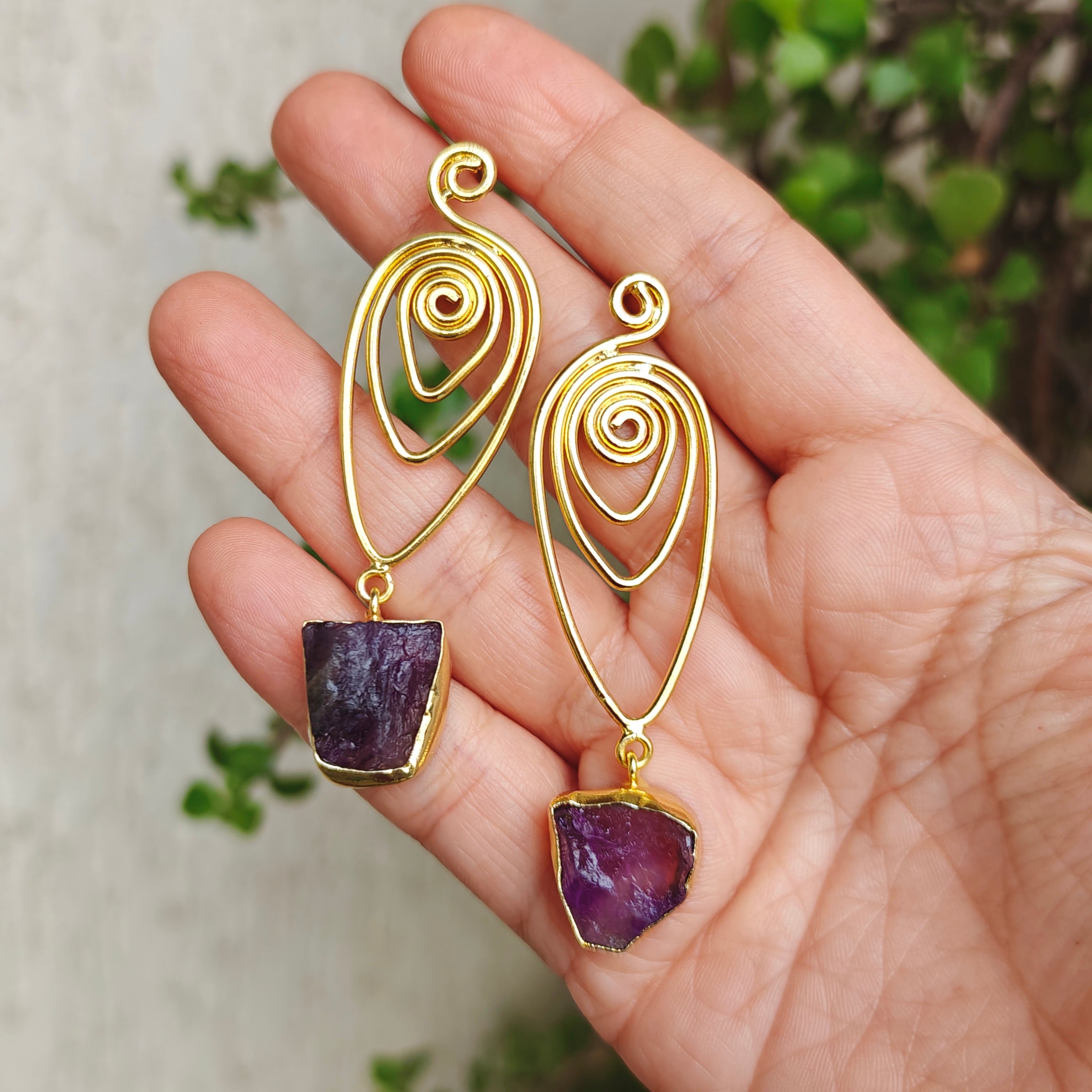 Raw Amethyst Spiral Drop Earrings