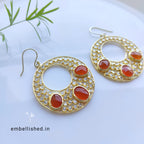 92.5 Sterling Silver Crystal Polki large round danglers - Gold, Orange