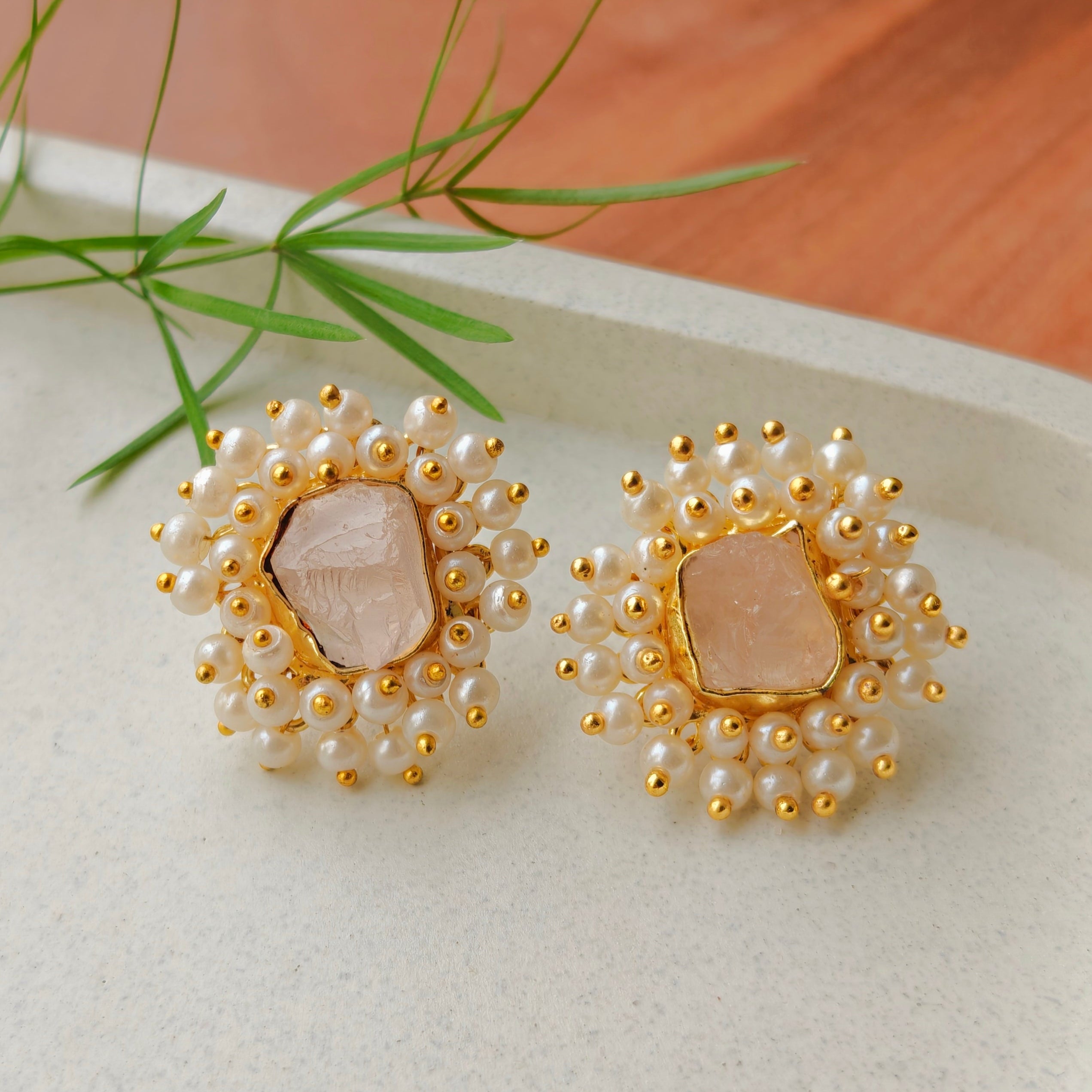 Royal Rose Quartz Pearl Burst Studs