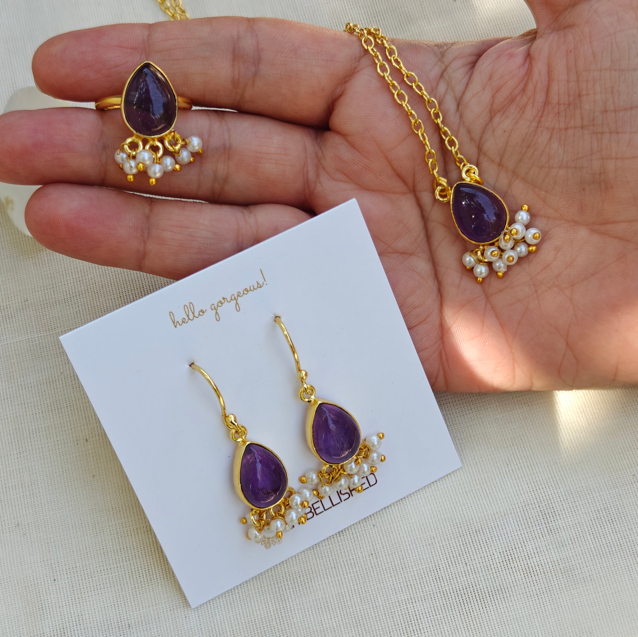 Dewdrop Gemstone Set with Seed Pearl Fringe