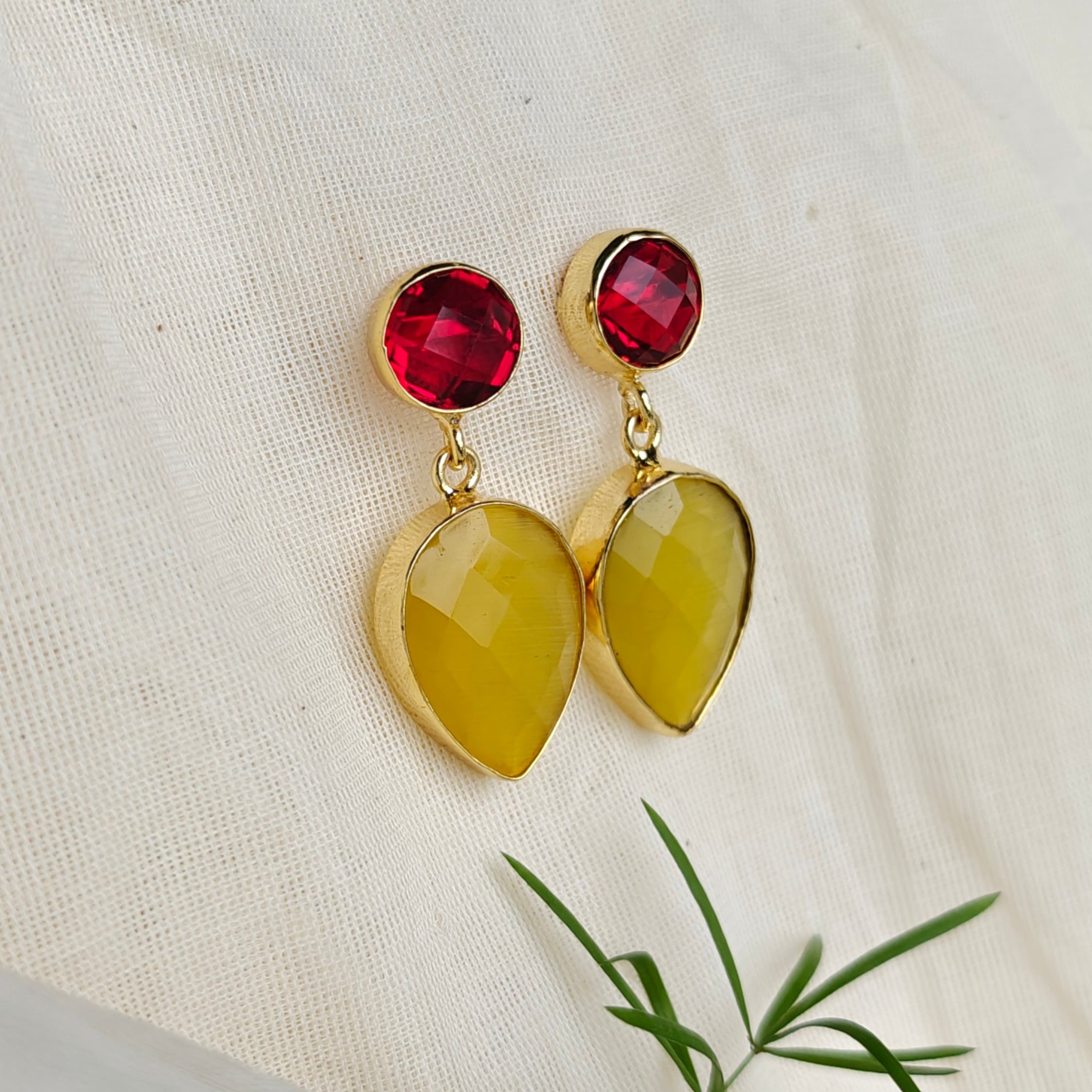 Two Stones Drop Earrings - yellow red
