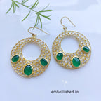 92.5 Sterling Silver Crystal Polki large round danglers - Gold, Green