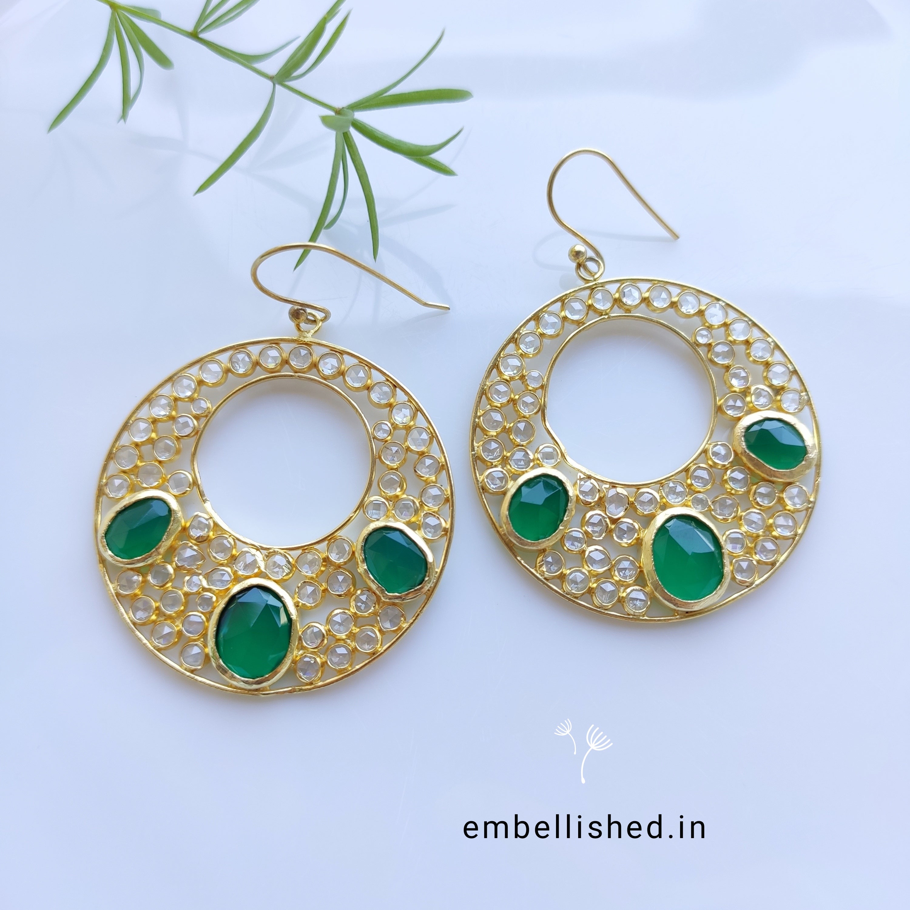 92.5 Sterling Silver Crystal Polki large round danglers - Gold, Green