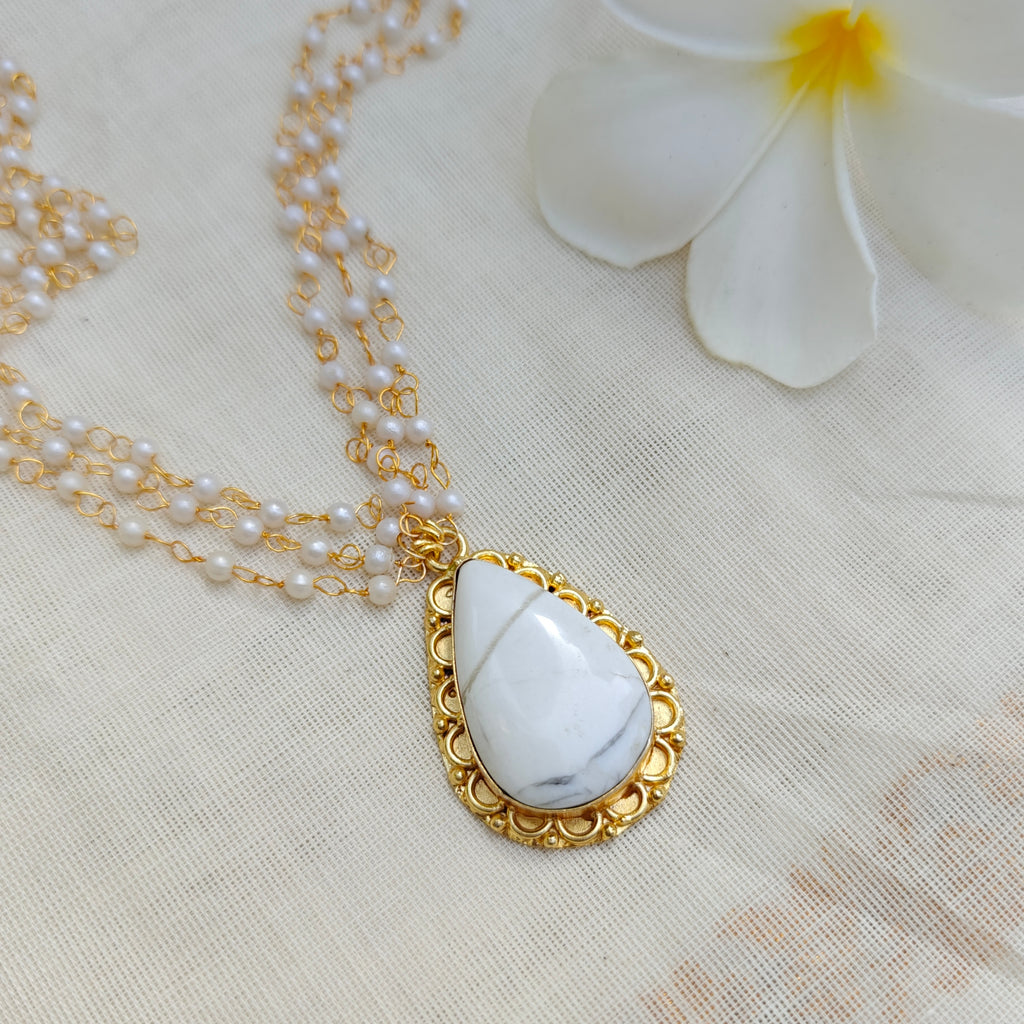 Pearl Layered Necklace with Natural Stone Pendant