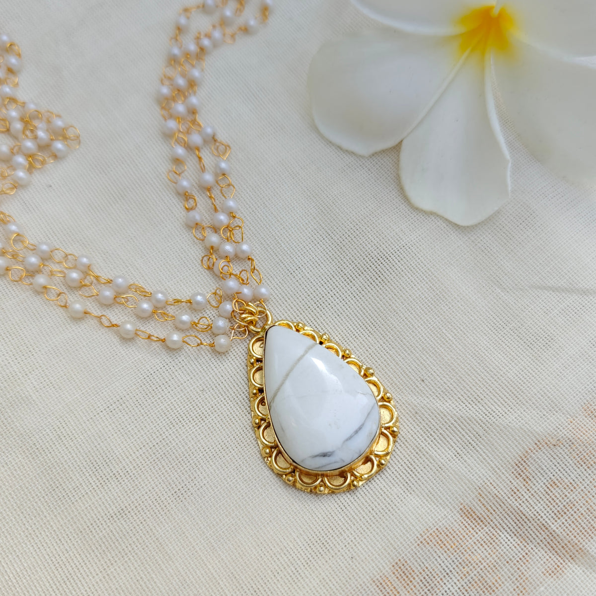 Pearl Layered Necklace with Natural Stone Pendant