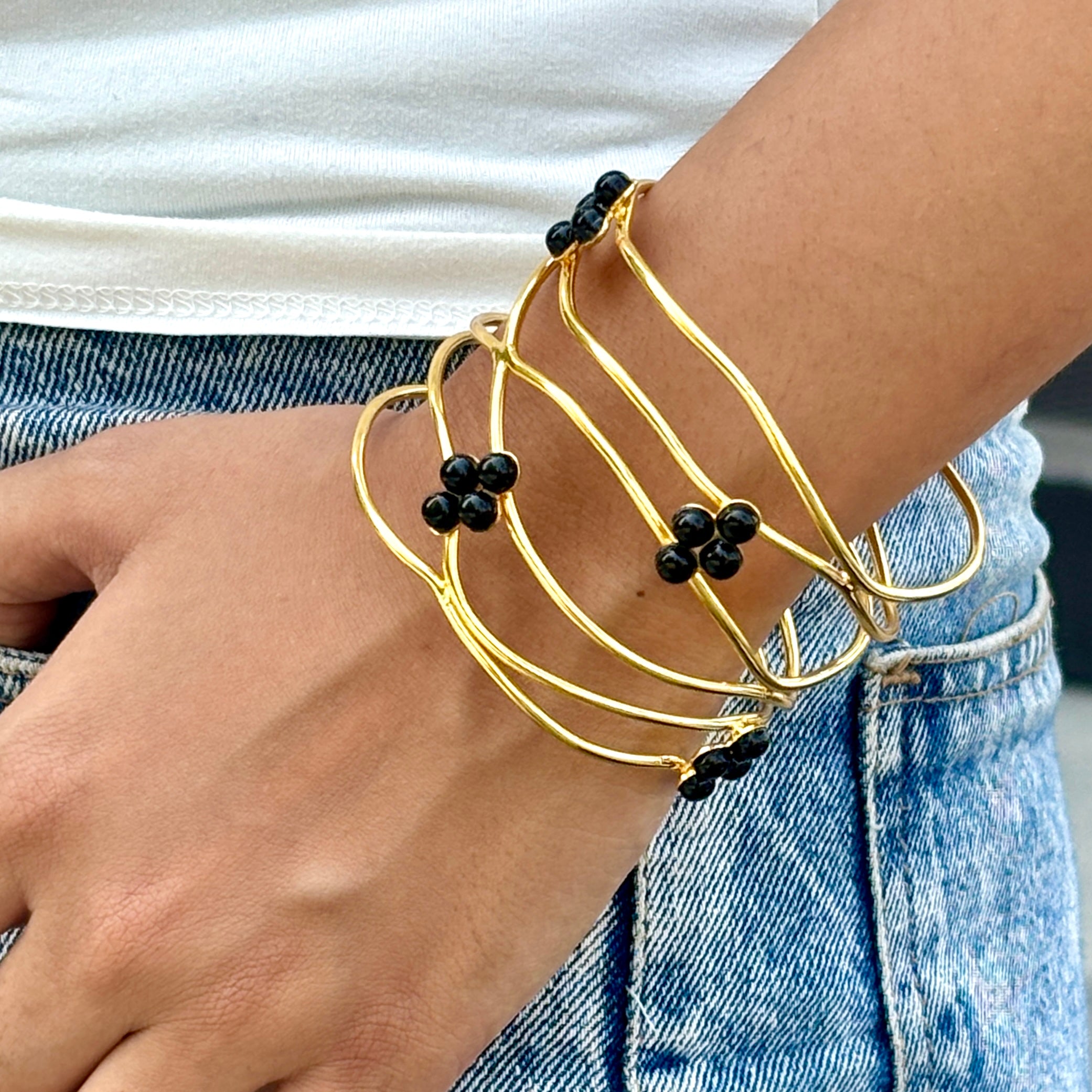 Black Cluster Gold Cuff Bracelet