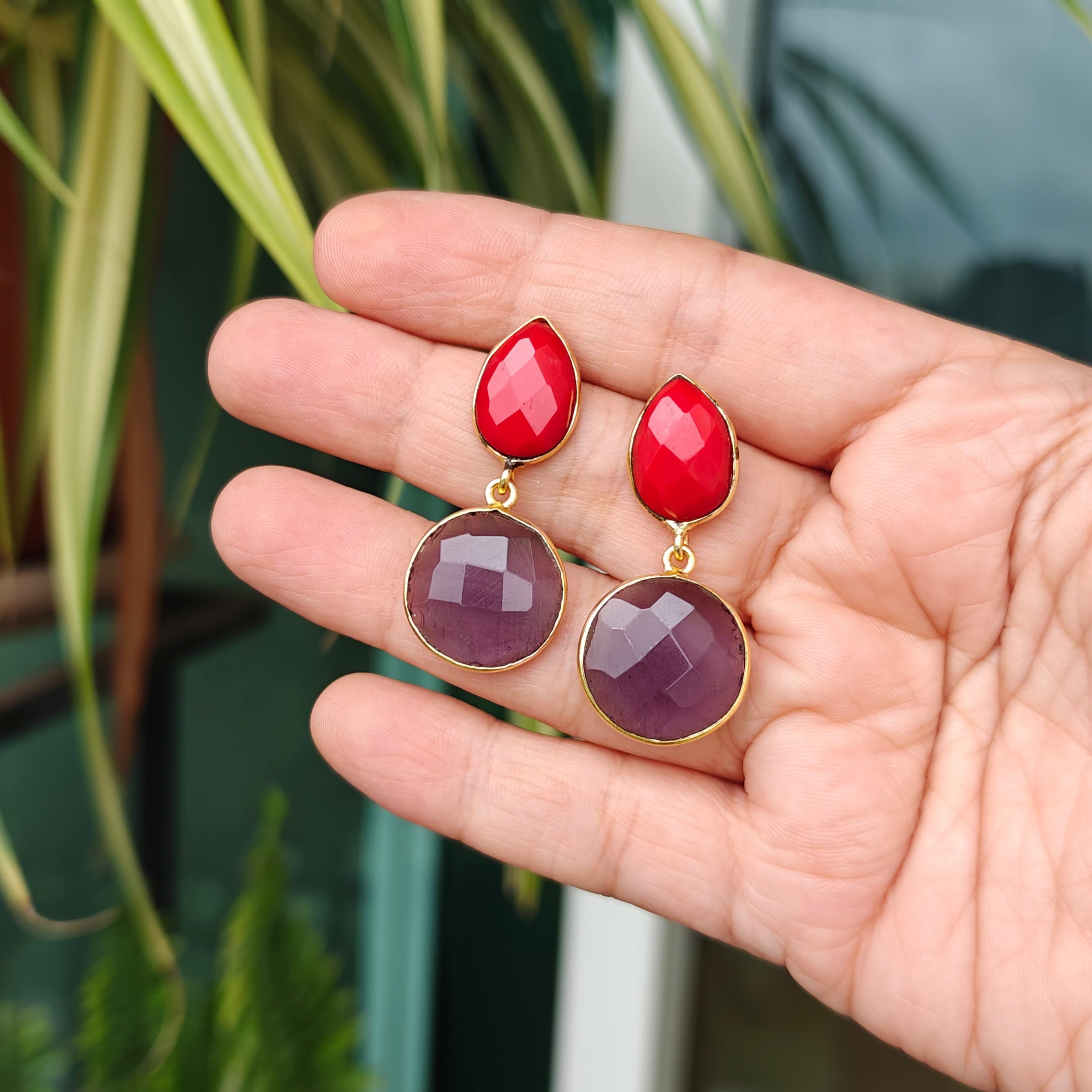 Two Stones Drop Earrings - red lavender