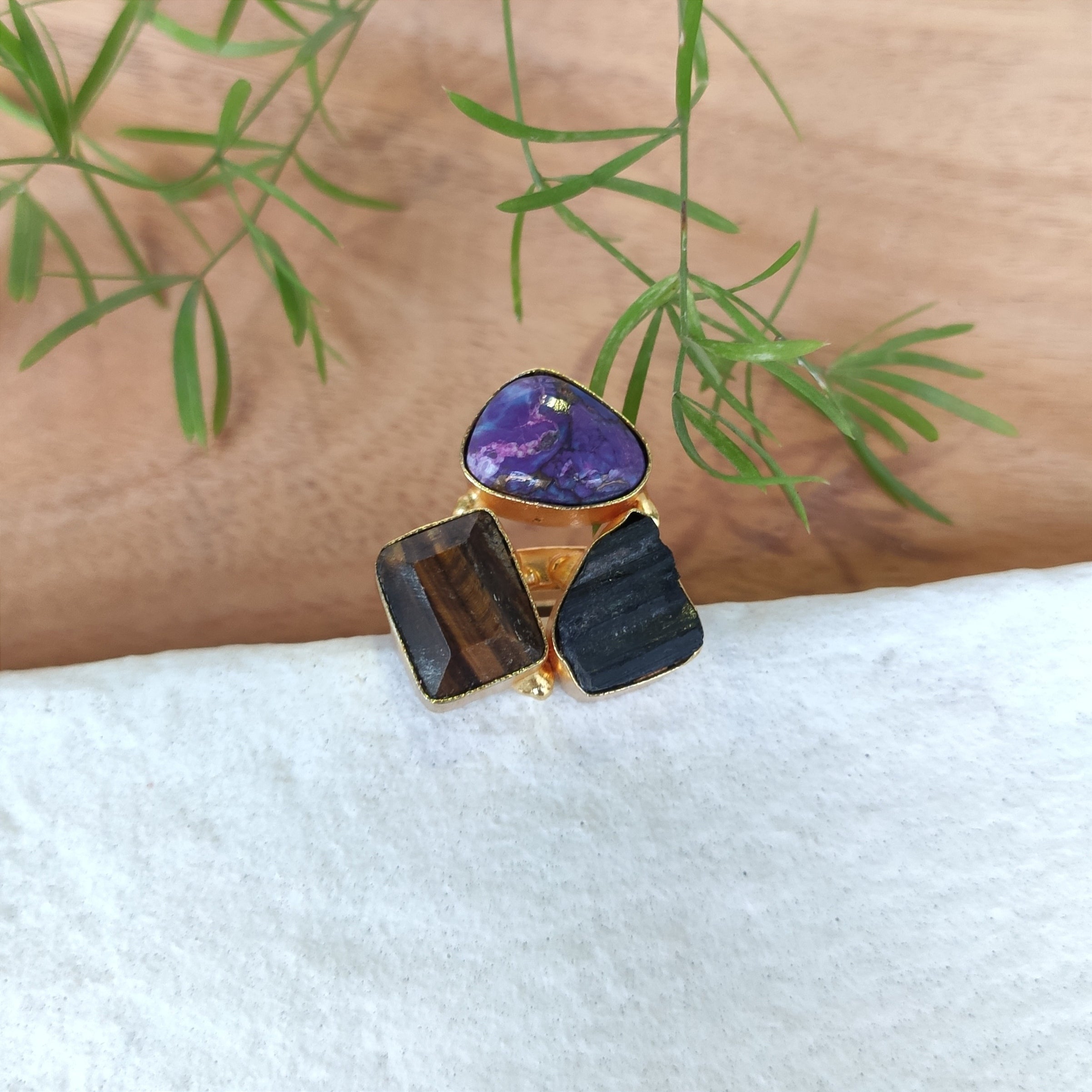 Rustic stones trio finger ring