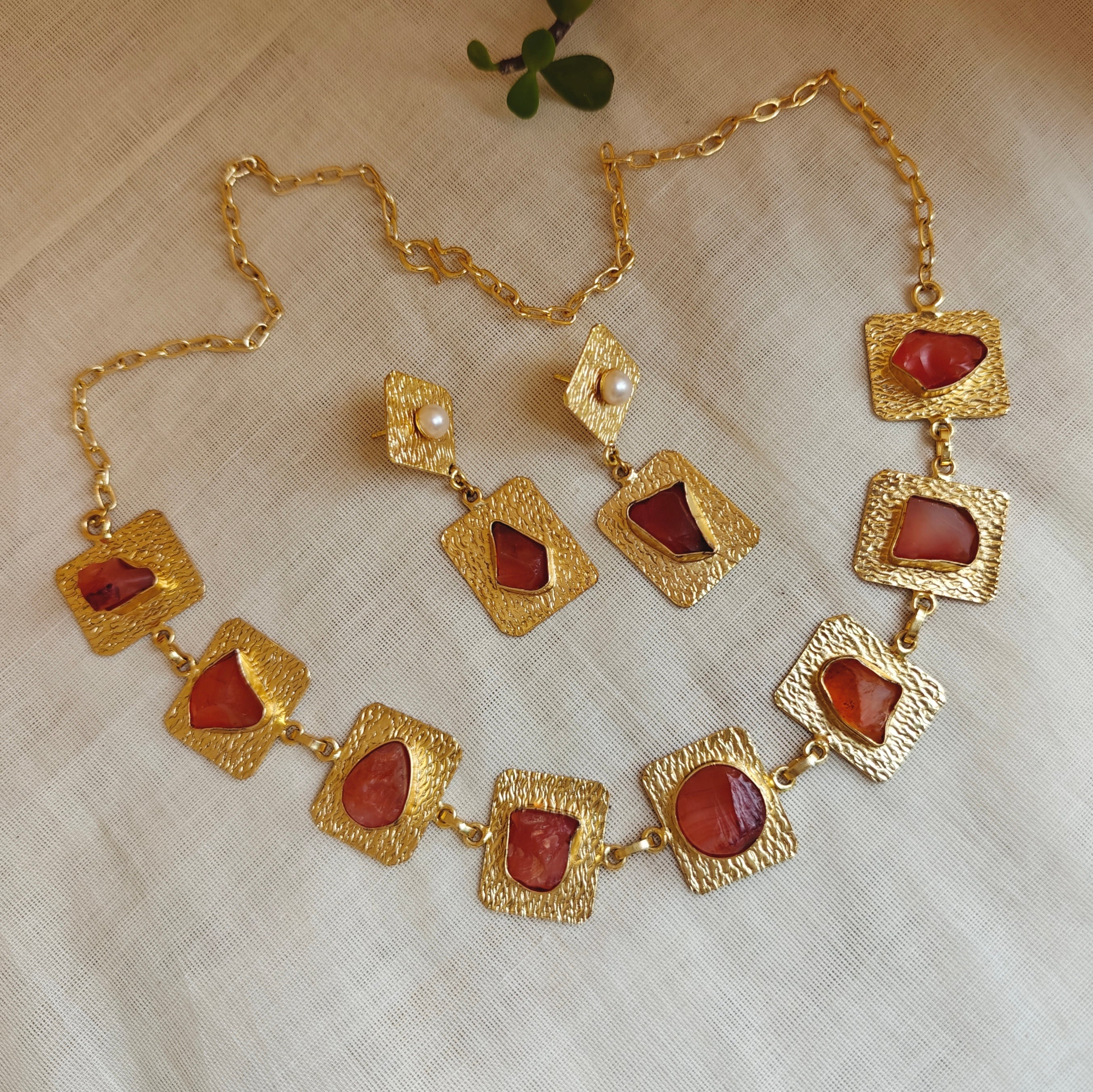 Bohemian Textured Raw Carnelian necklace set
