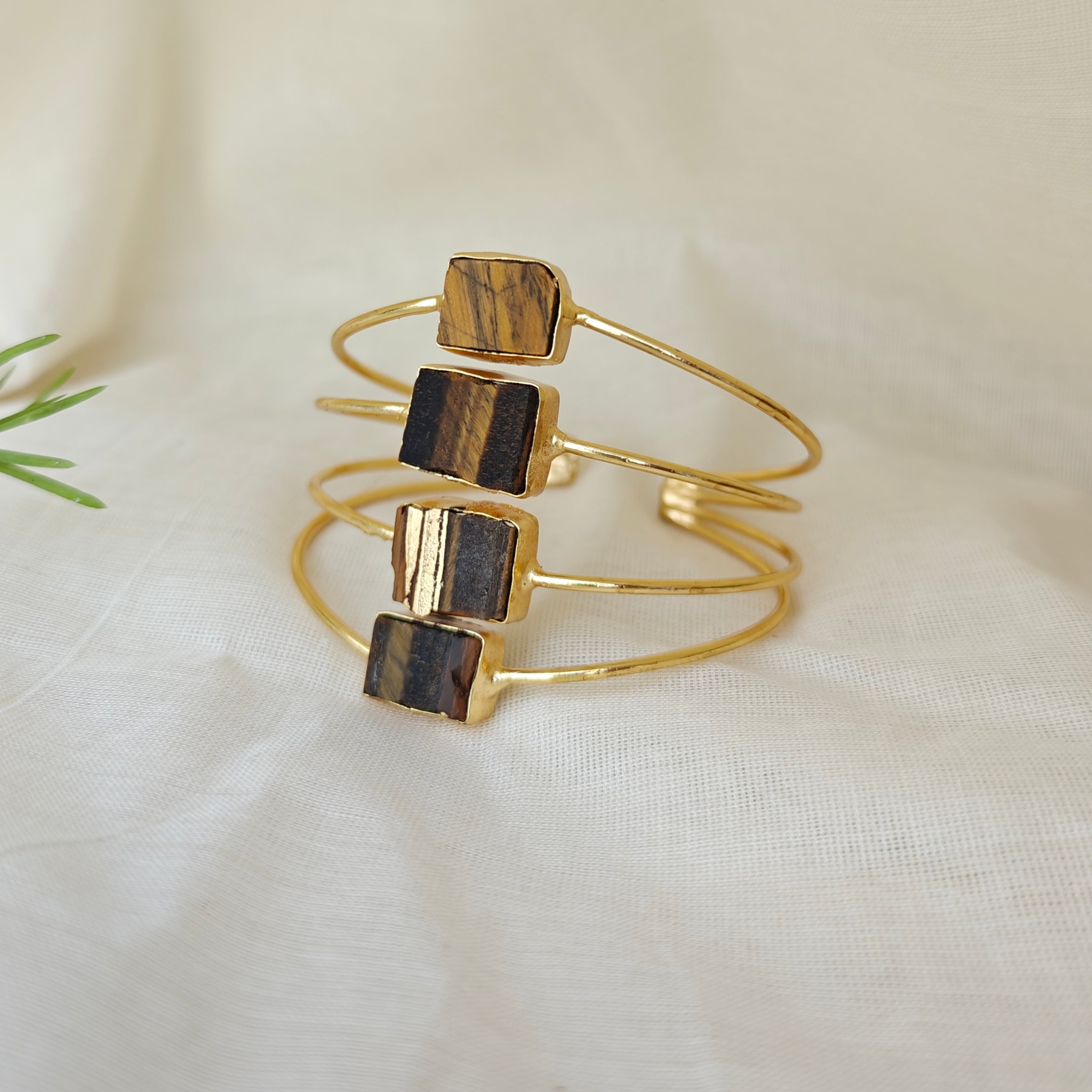 Four-Tier Raw Stone Stacked Cuff - Tiger's Eye