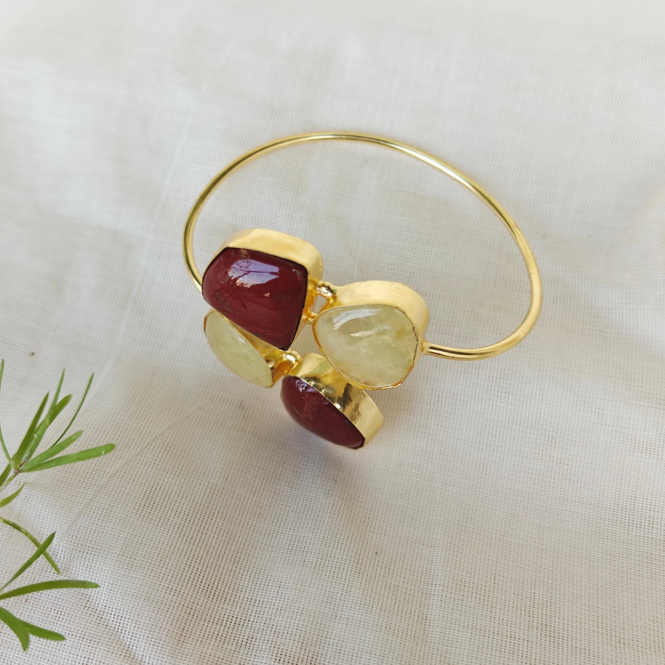 Dual Stone Open Bangle - Lemon Quartz, Jasper