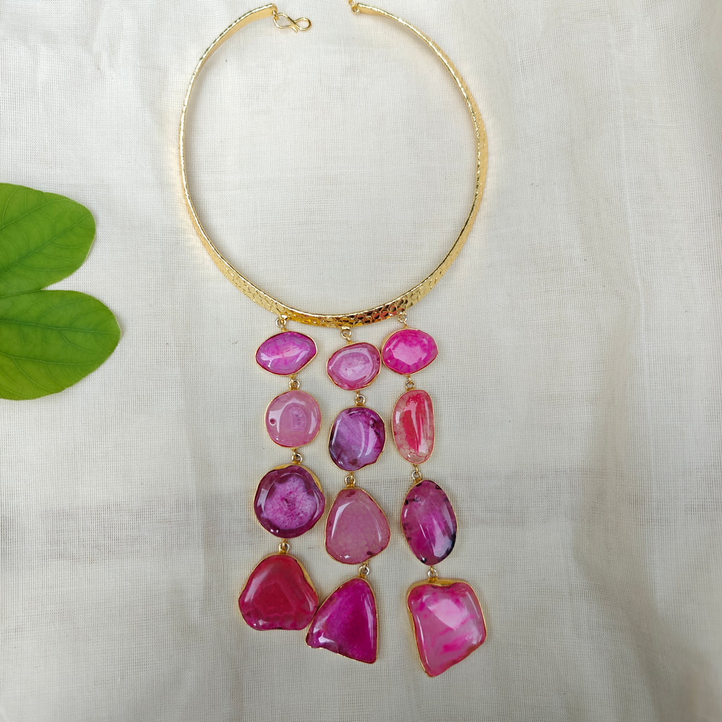 Pink Agate Slice Cascade Collar Necklace