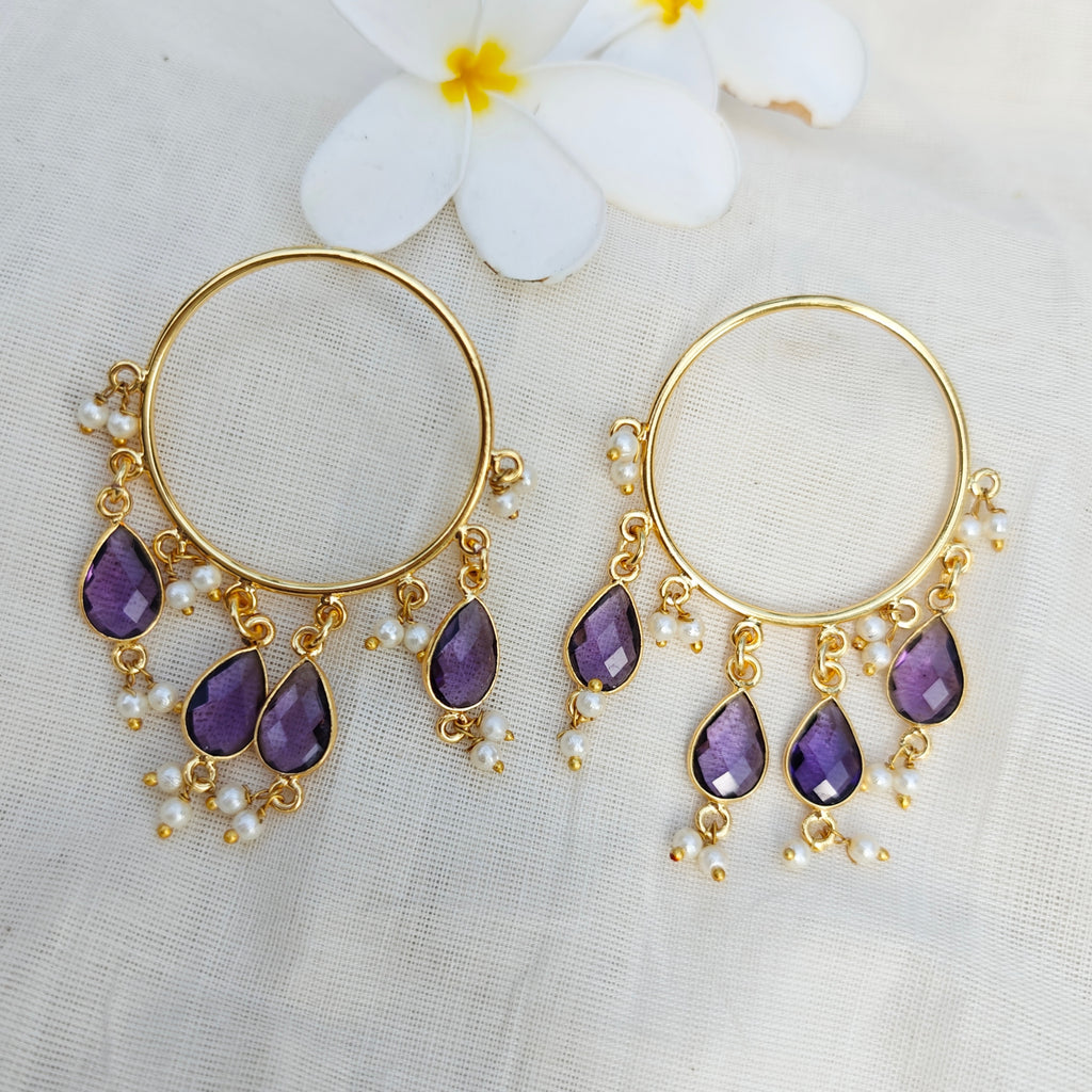 Purple Pearl Cascade Hoop Earrings