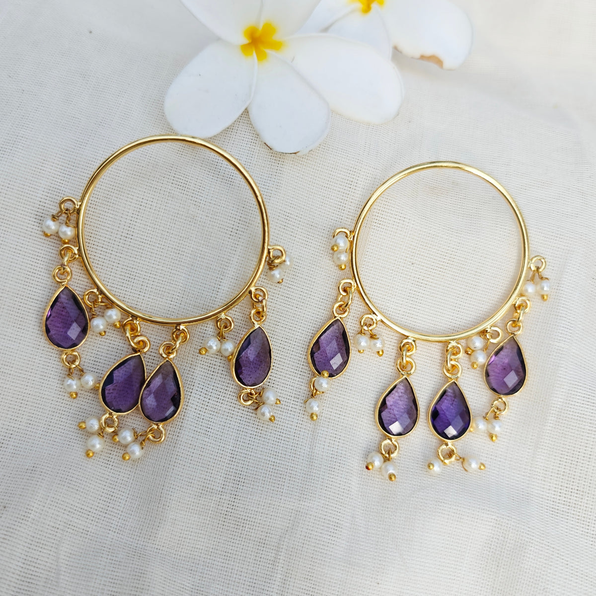 Purple Pearl Cascade Hoop Earrings