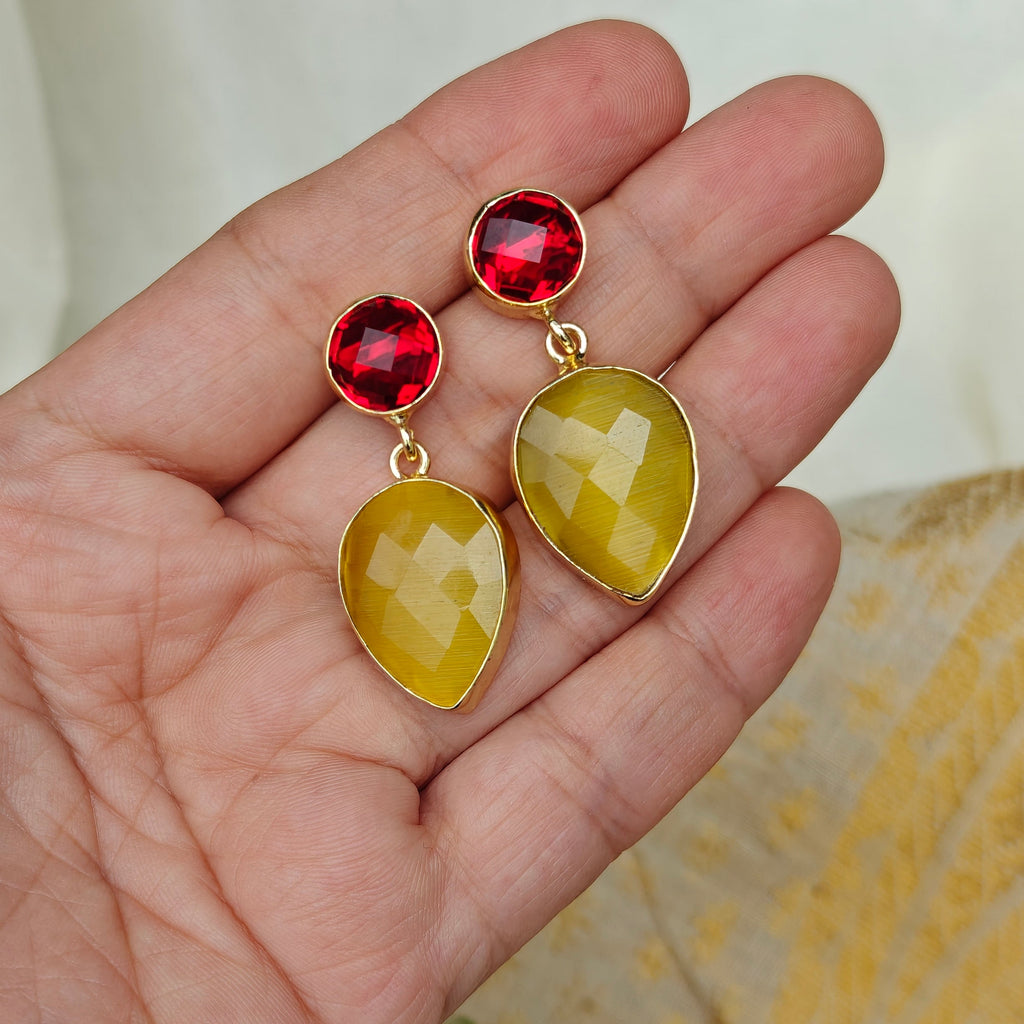 Two Stones Drop Earrings - yellow red