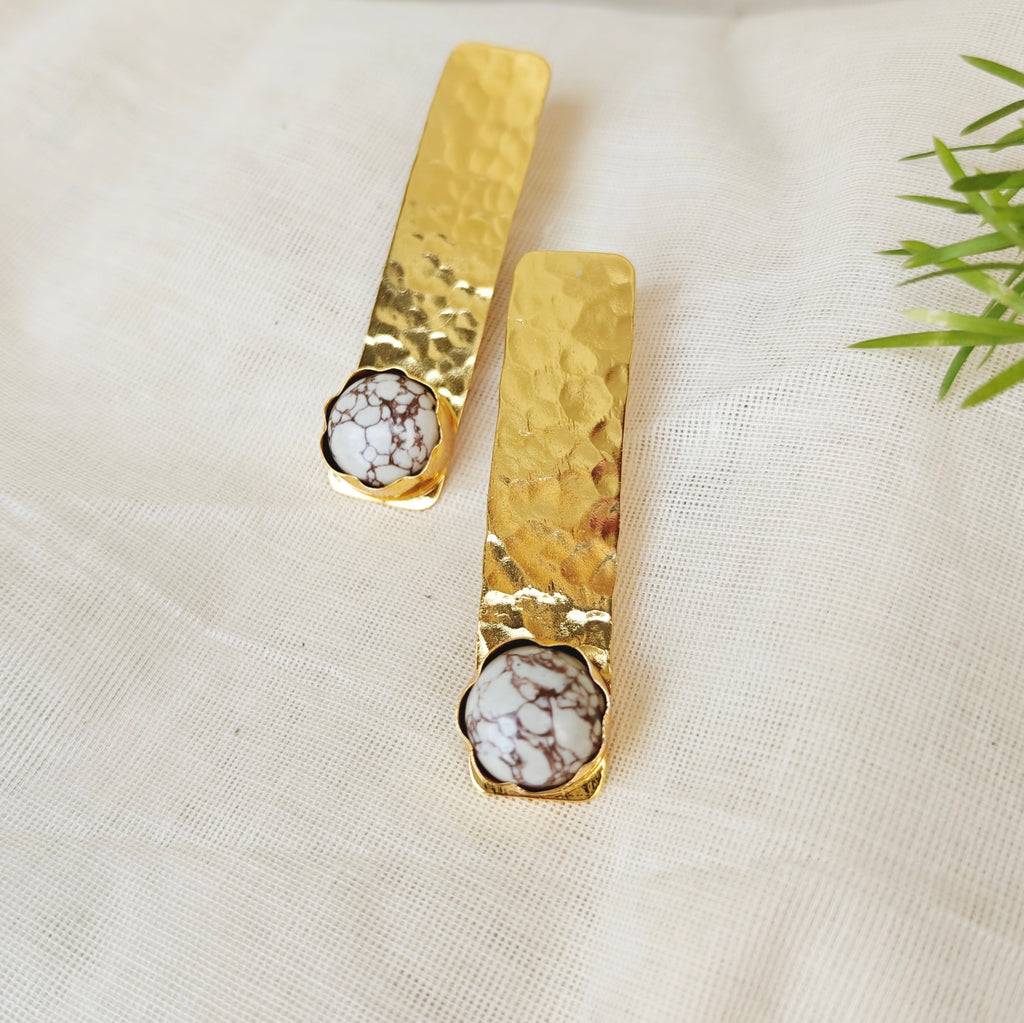 Hammered Bar Earrings with White Stone