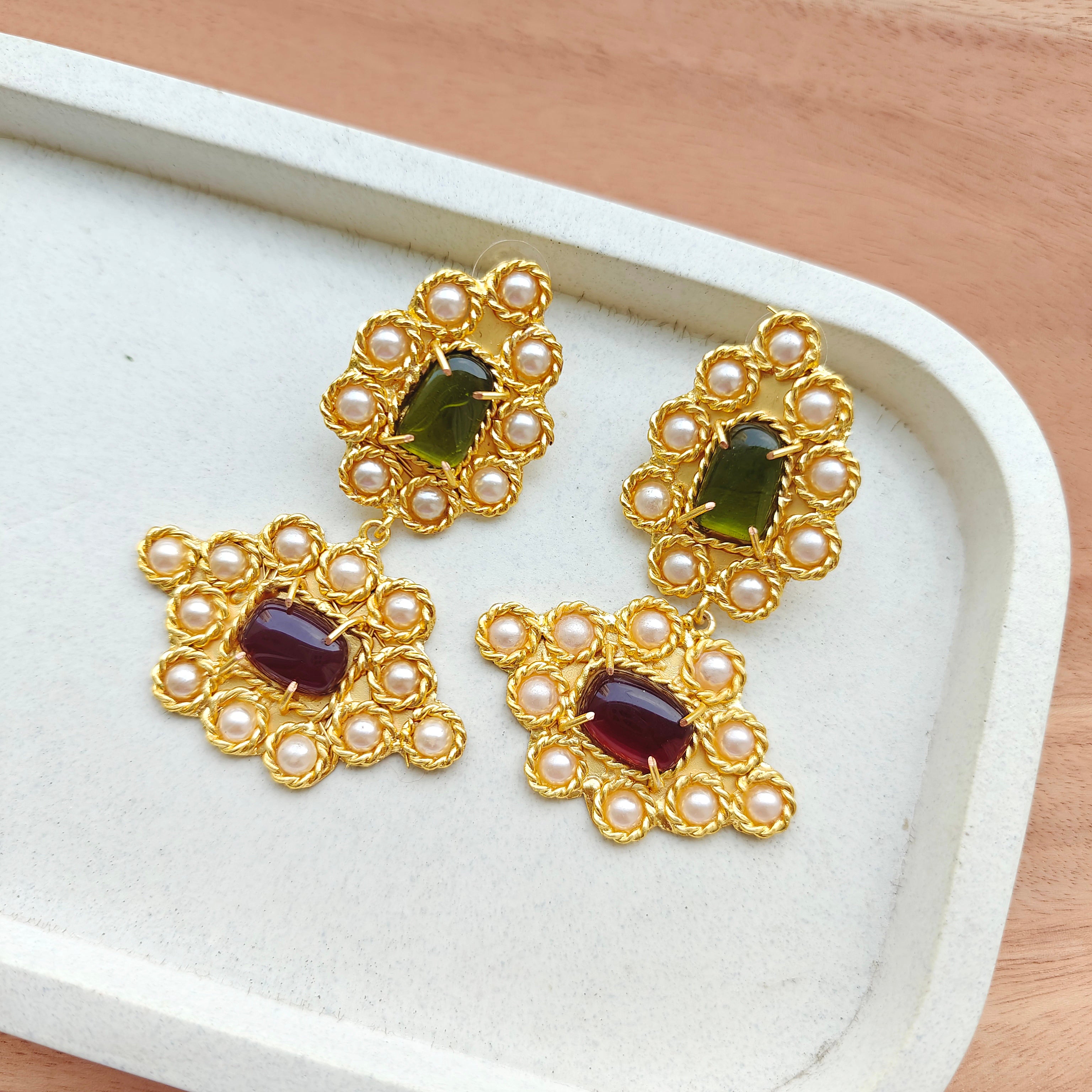 Large Bohemian studded earrings - green and pink