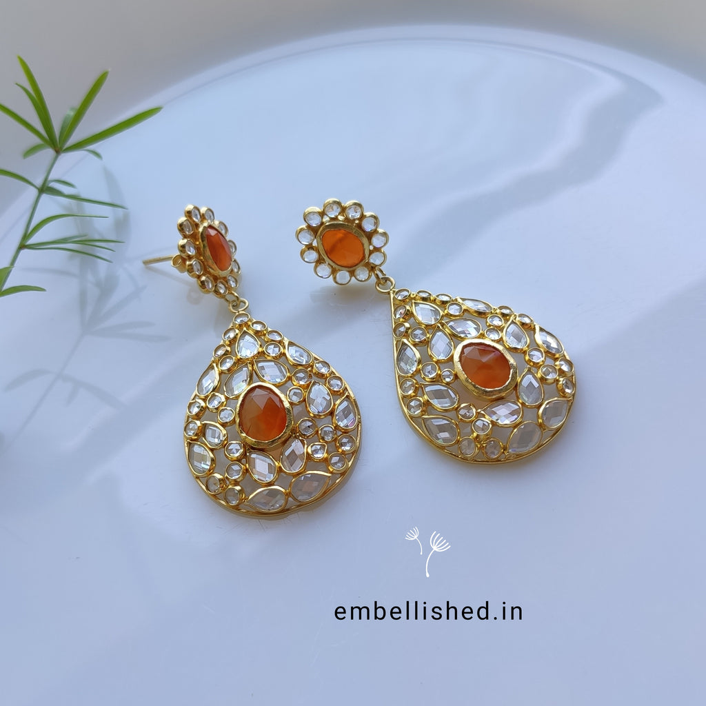 92.5 Sterling Silver Crystal Polki large dewdrop chandeliers - Gold, Orange