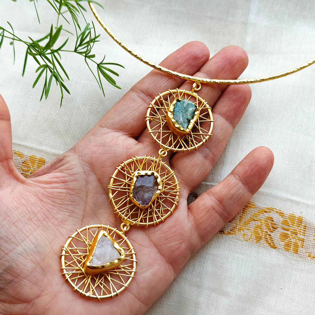 Aurora raw stones wire wrapped hasli set