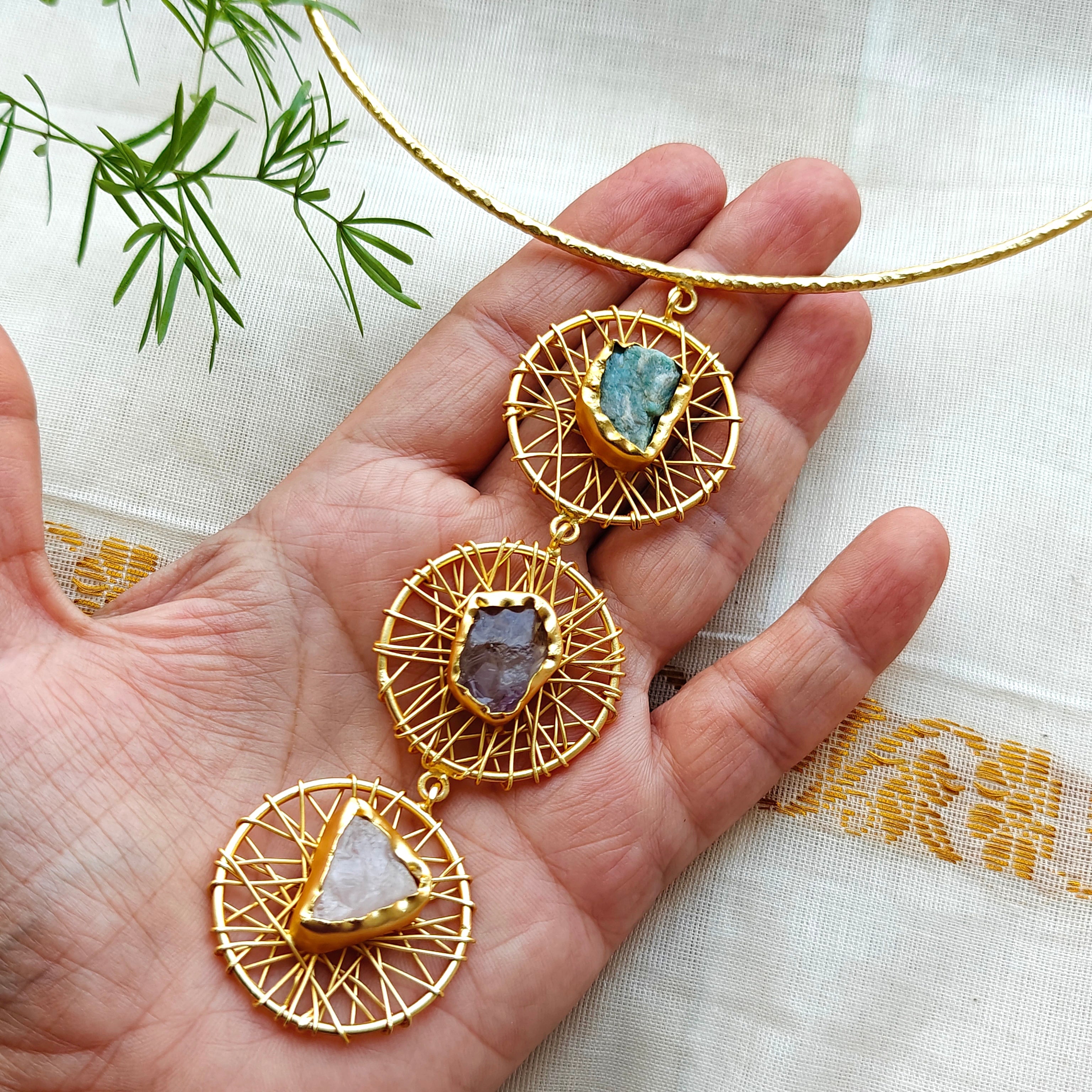 Aurora raw stones wire wrapped hasli set