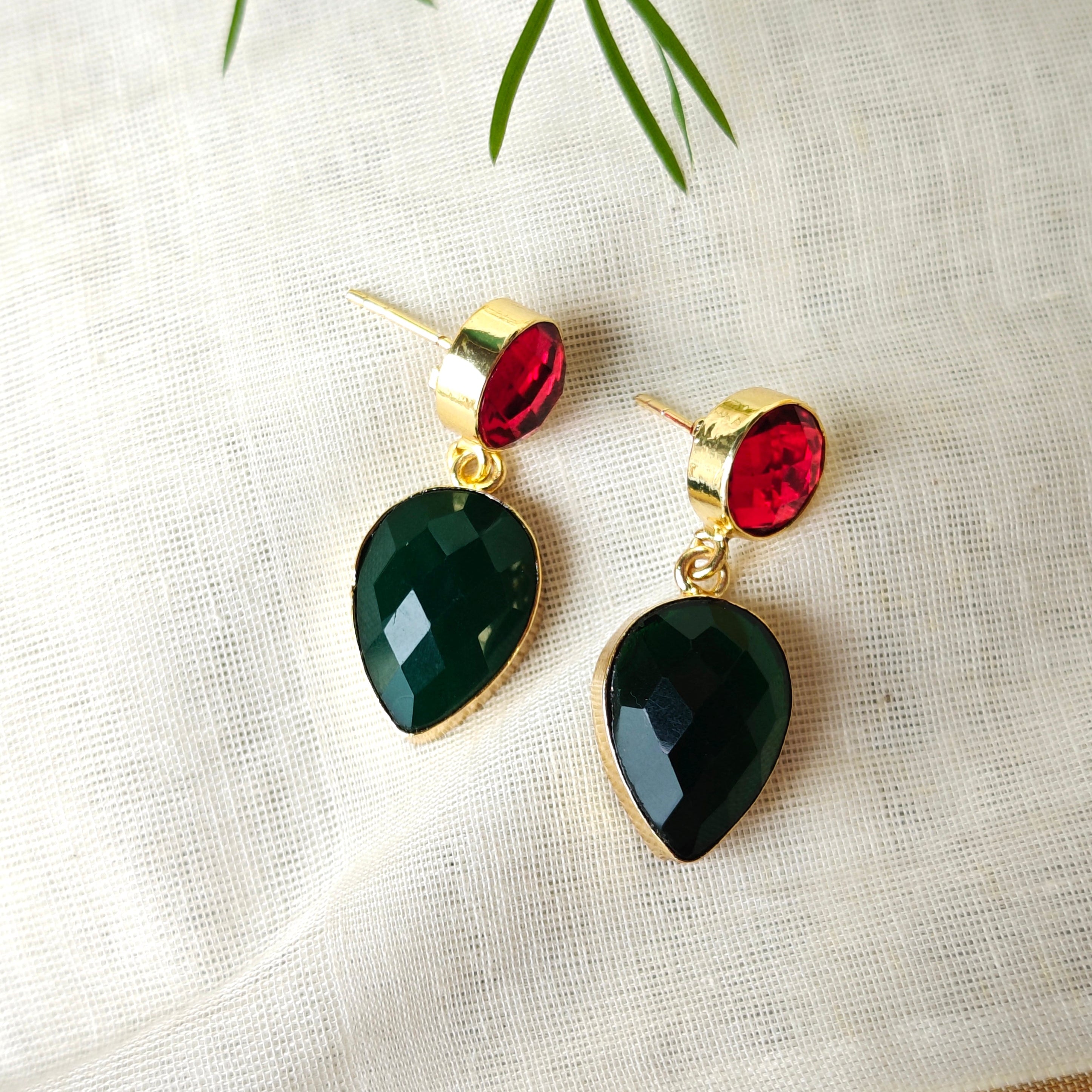 Two Stones Drop Earrings - red green