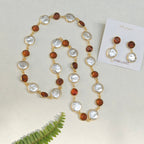 Caramel beads and Coin Pearls Lariat necklace set