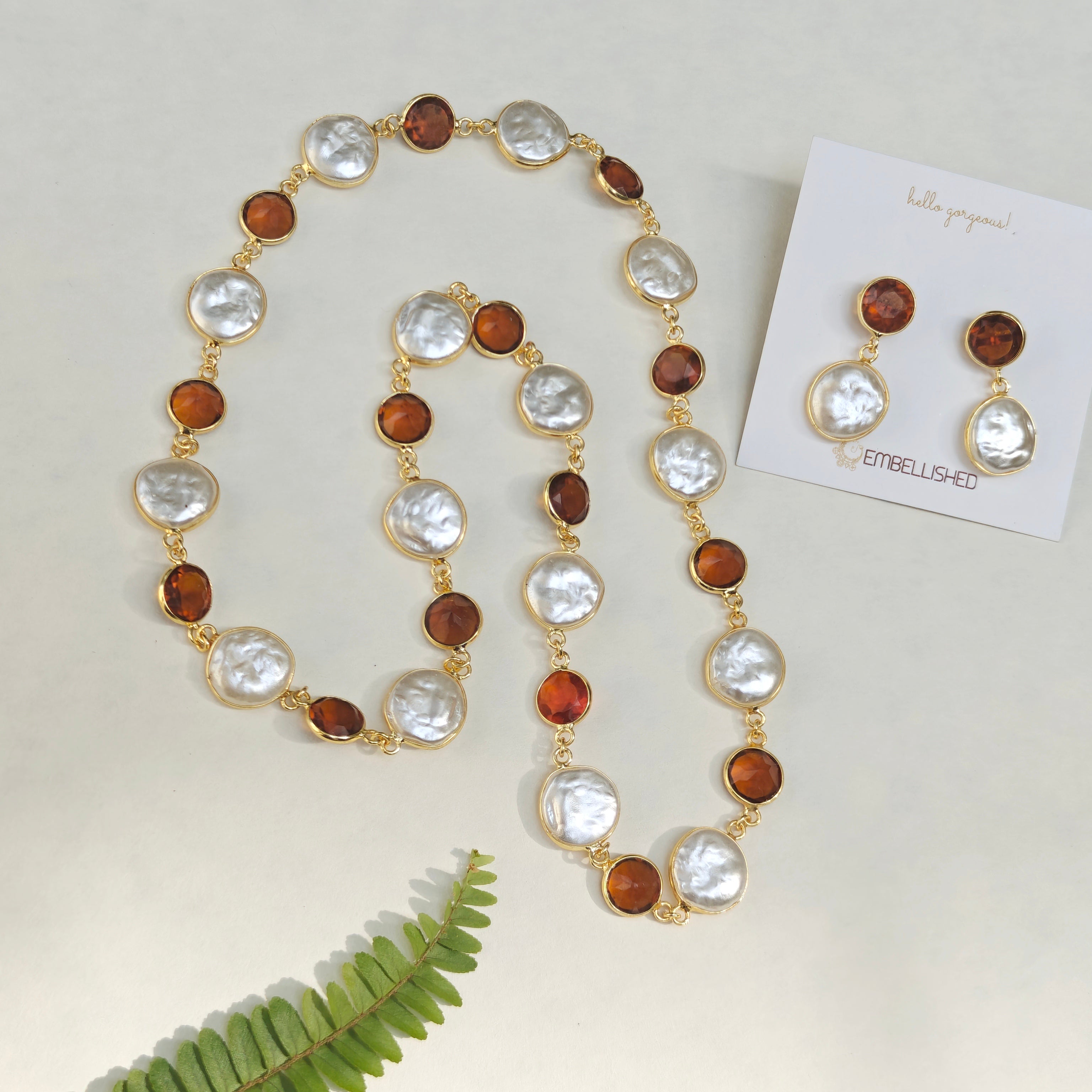 Caramel beads and Coin Pearls Lariat necklace set