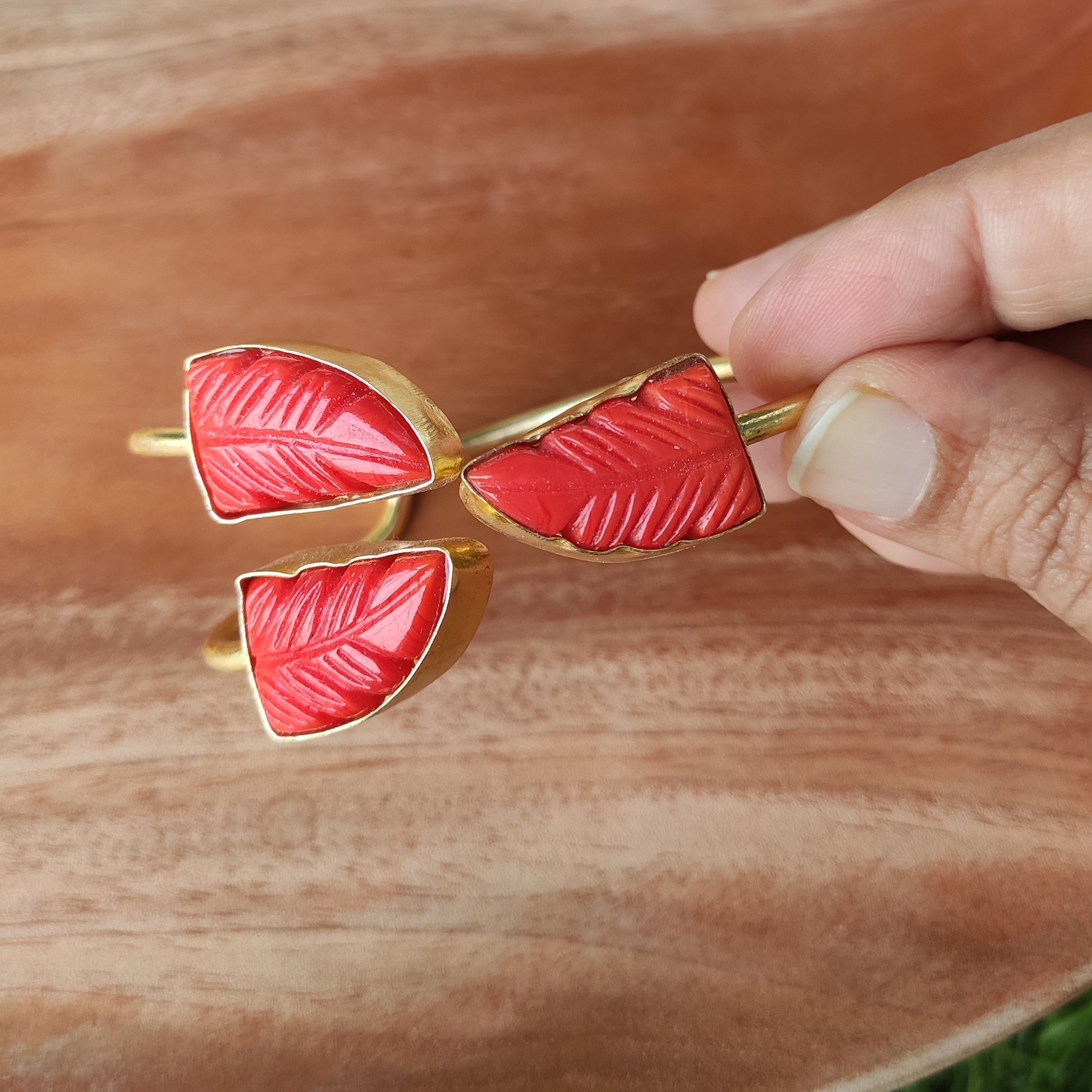 Three stones medley open bangle - coral