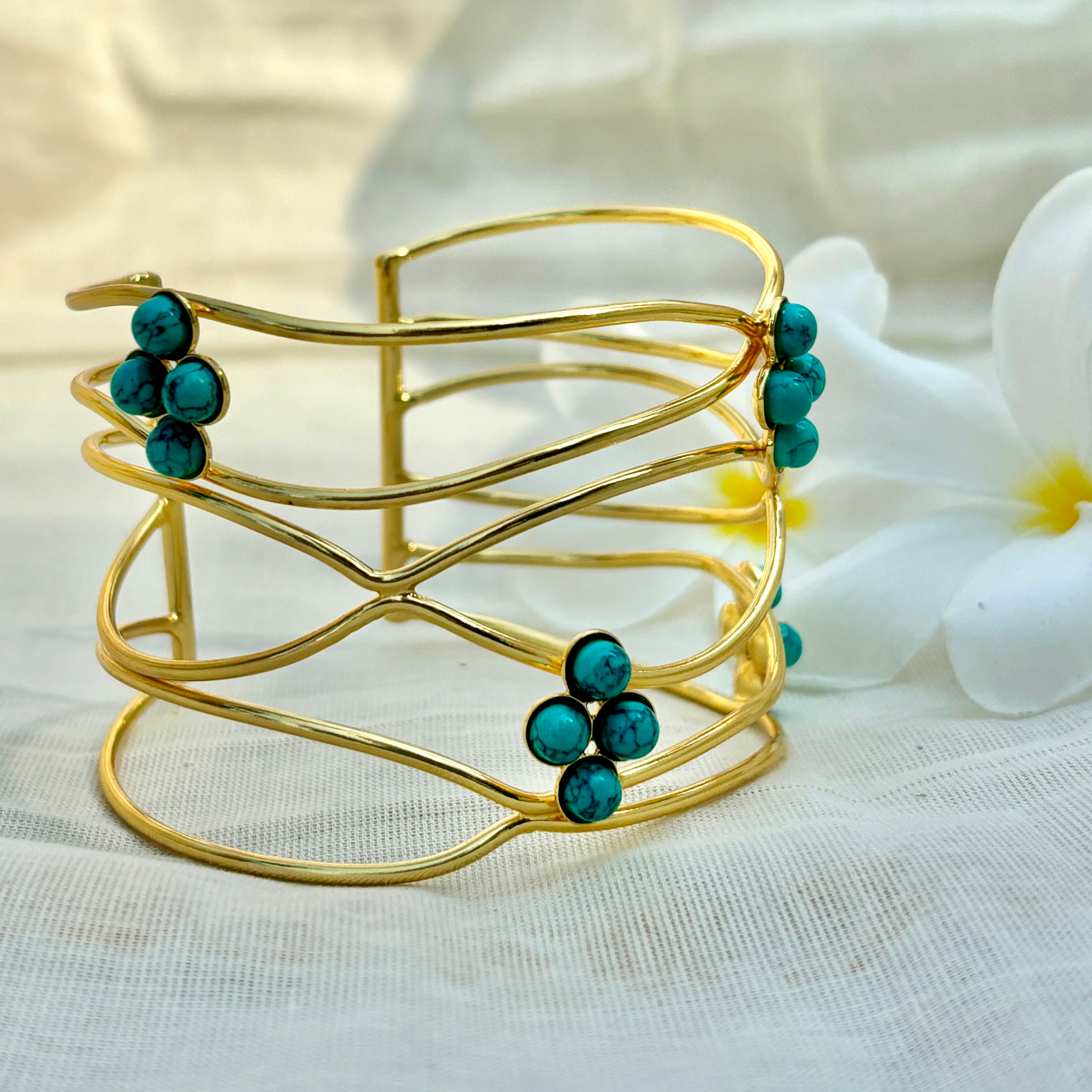 Turquoise Cluster Gold Cuff Bracelet