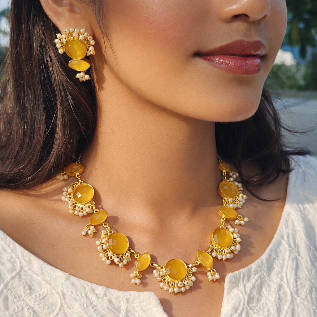 Yellow Blushing Petals Pearl Necklace set