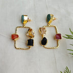 Raw Stone & Gold Hammered Rectangular Drop Earrings