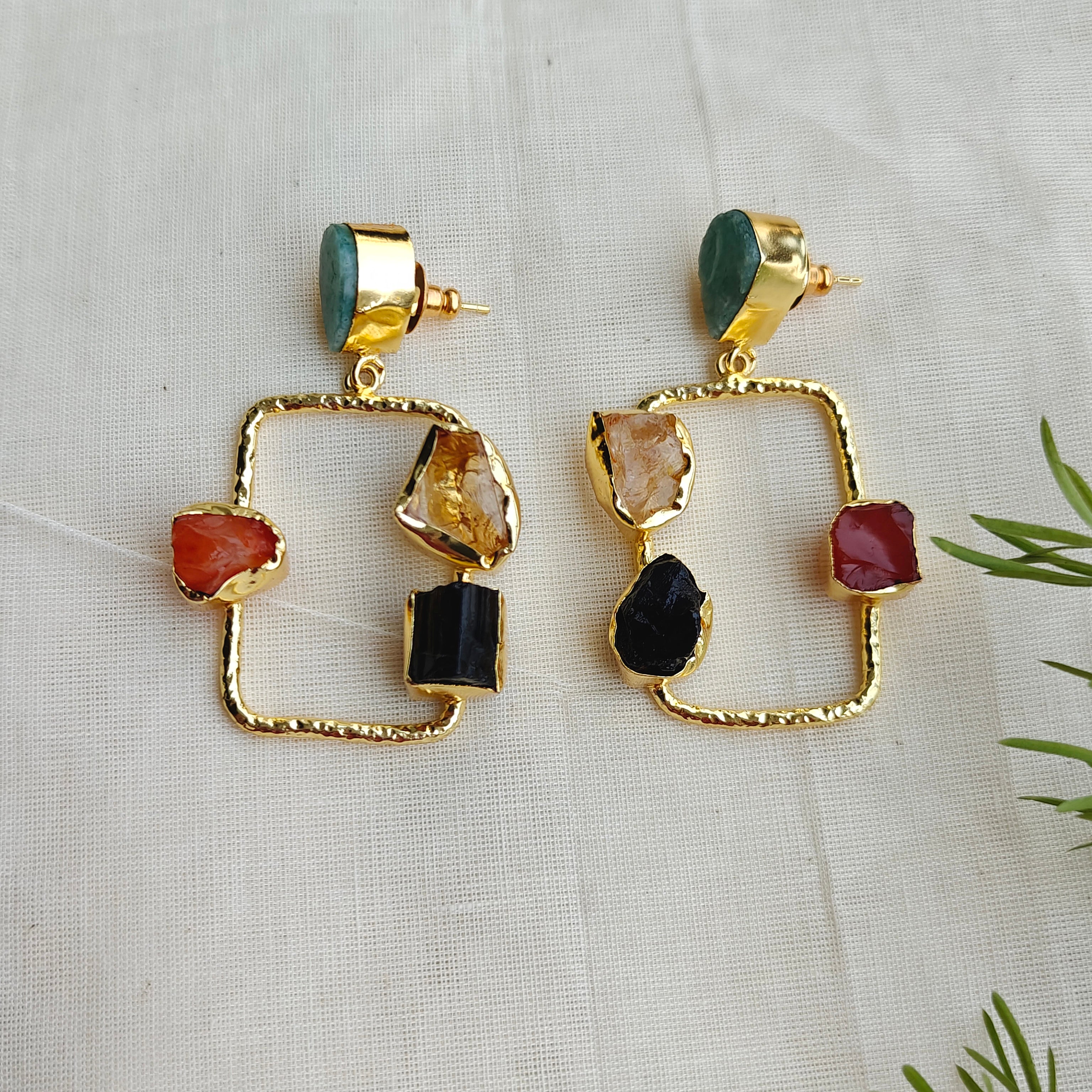 Raw Stone & Gold Hammered Rectangular Drop Earrings