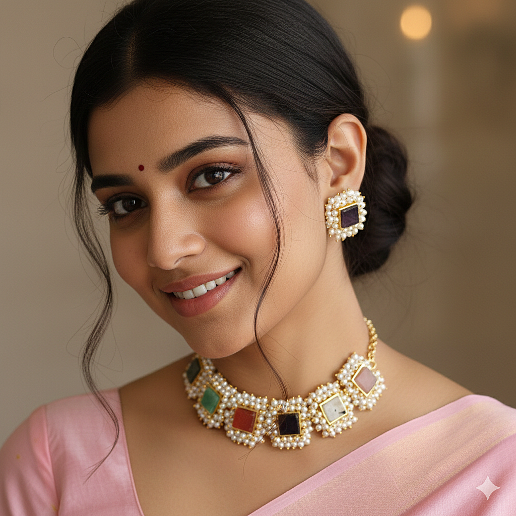 Regal multi-stone pearl choker necklace set