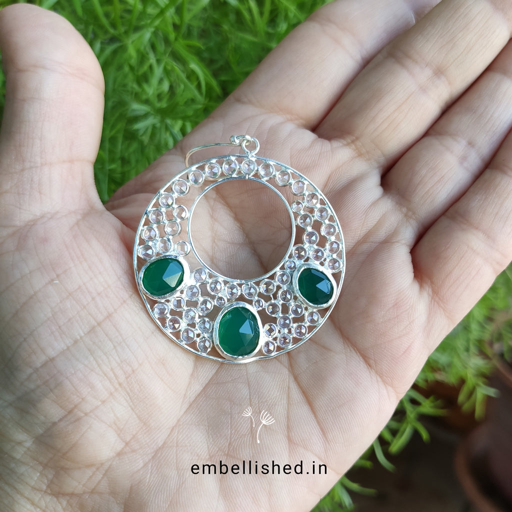 92.5 Sterling Silver Crystal Polki large round danglers - Silver, Green