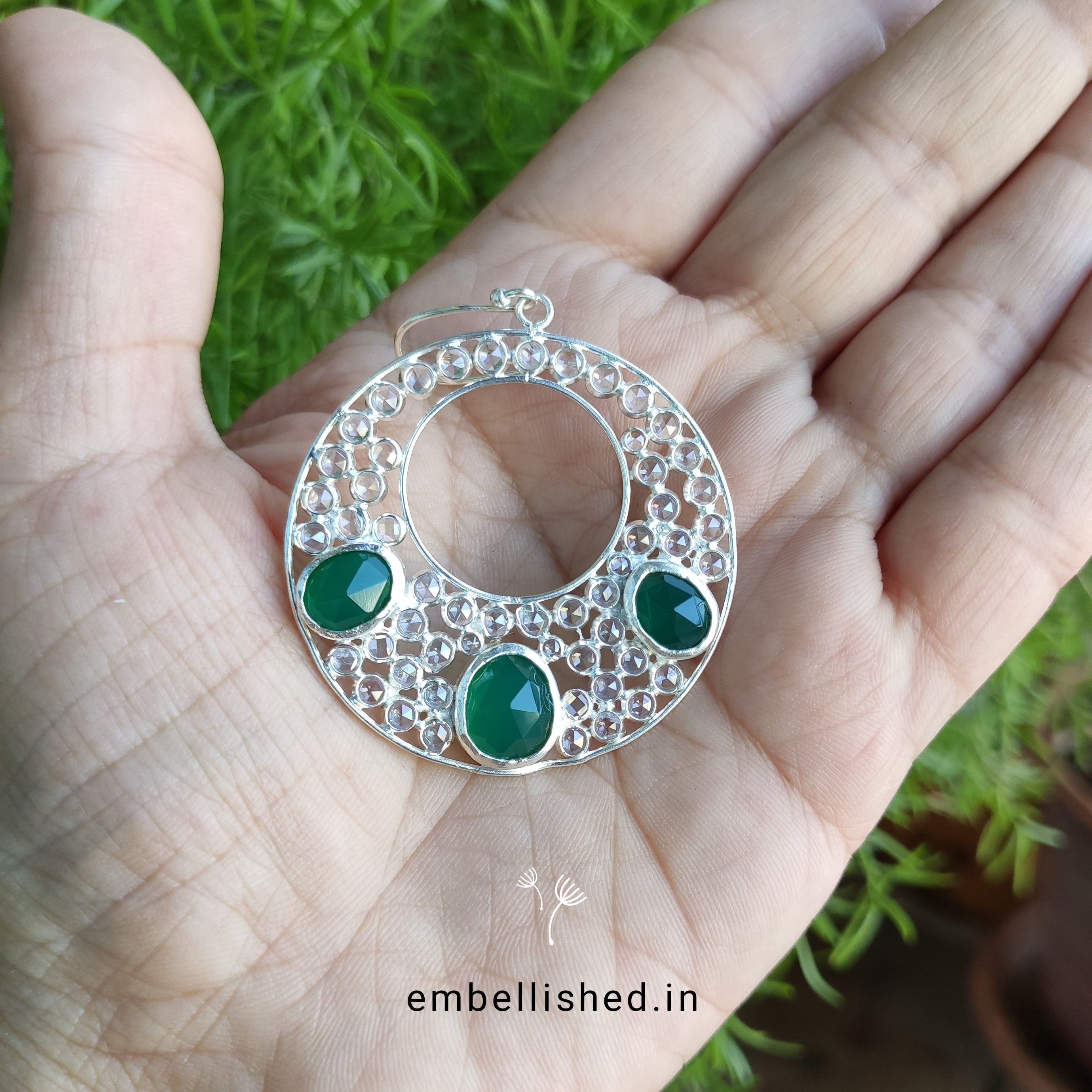 92.5 Sterling Silver Crystal Polki large round danglers - Silver, Green