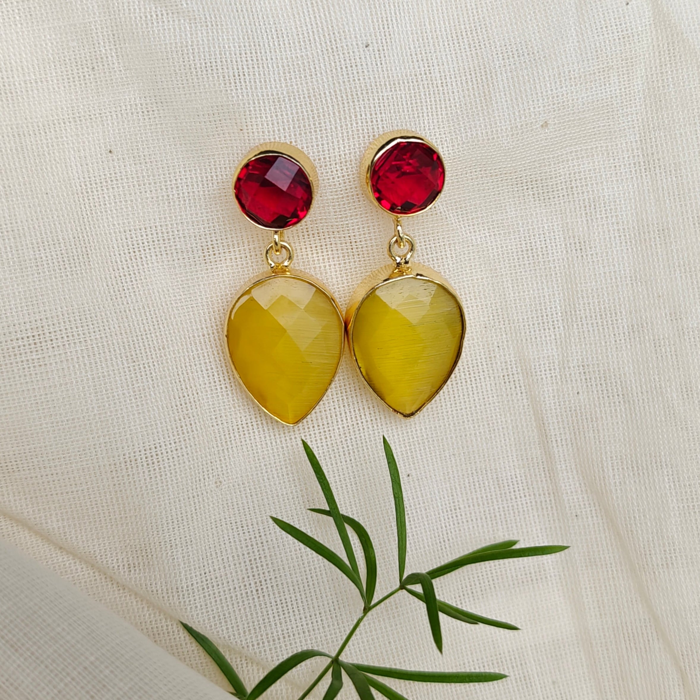 Two Stones Drop Earrings - yellow red