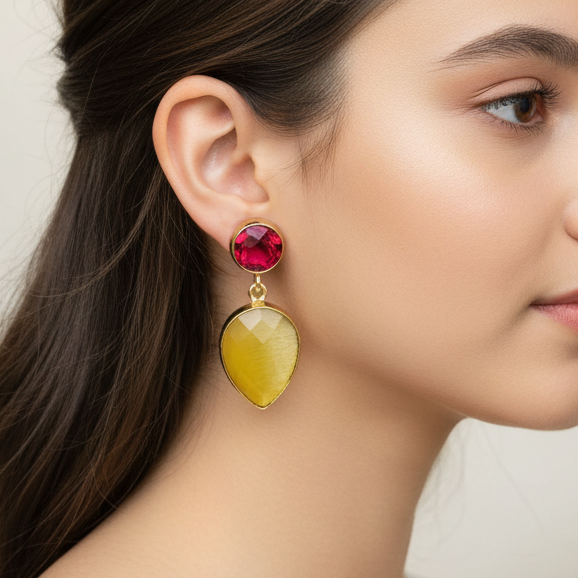 Two Stones Drop Earrings - yellow red