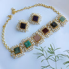 Regal multi-stone pearl choker necklace set